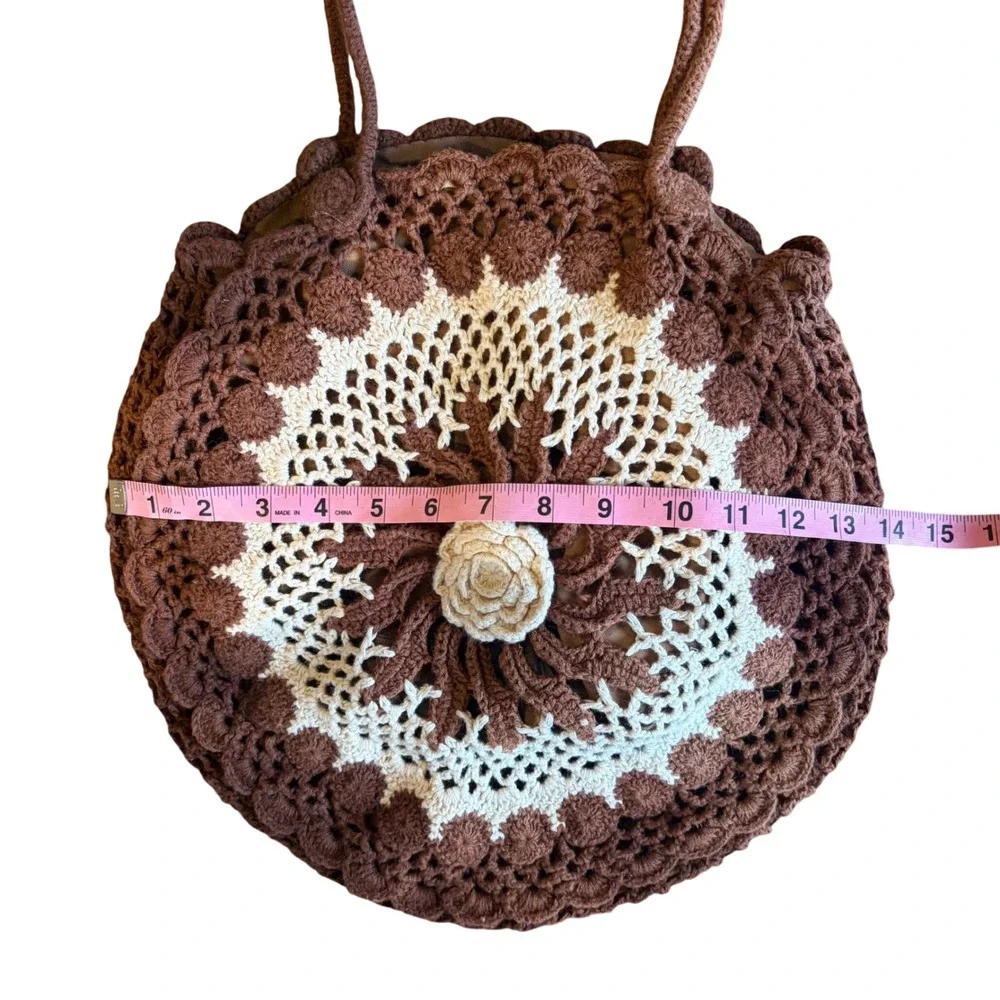 Bebe Crochet Circle Bag Purse Brown Boho Floral Hippie 70s Retro Cottagecore - Picture 4 of 7